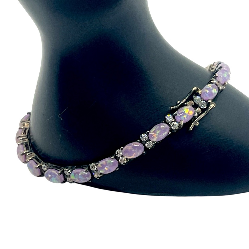 Sterling silver faux pink opal cabochon & rhinestone tennis bracelet vintage